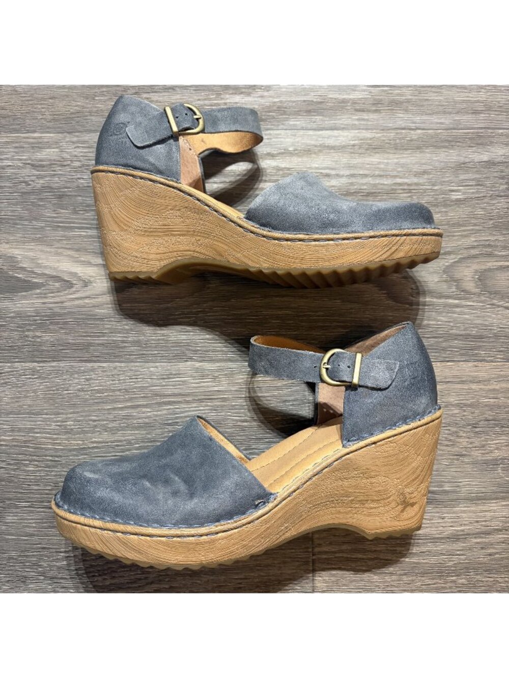 Born Nellie Wedge Heels Size 9 Mary Jane Blue Suede Adjustable Ankle Strap